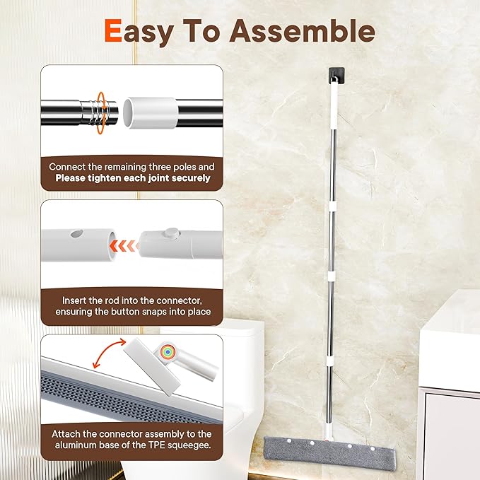 Floor Squeegee with Long Handle, 180° Rotating Silicone Broom for Concrete & Tile Floors, Squeegee for Water Removal on Garage, Bathroom and Deck