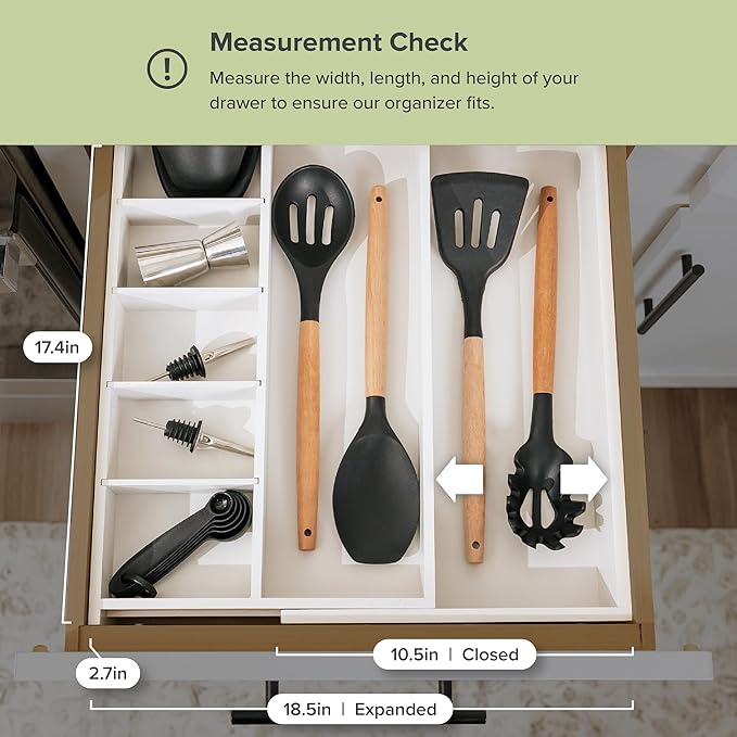 KitchenEdge Adjustable Kitchen Drawer Organizer for Utensils and Junk, Food-Safe Contract Grade with 100% Sustainable Wood