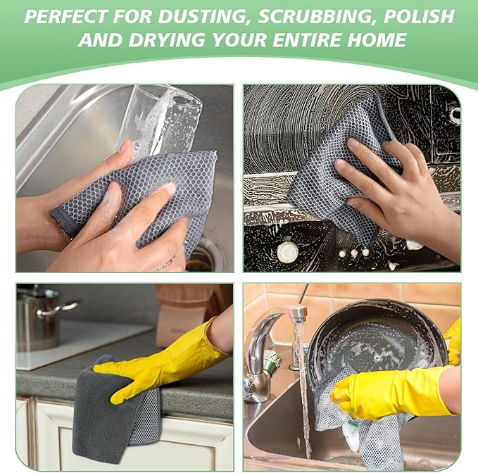 SINLAND Microfiber Dish Cloths Wash Clothes for Kitchen Best Kitchen Cloths Cleaning Cloth Poly Scour Side 12"x12" (10Pack, Dark Grey)