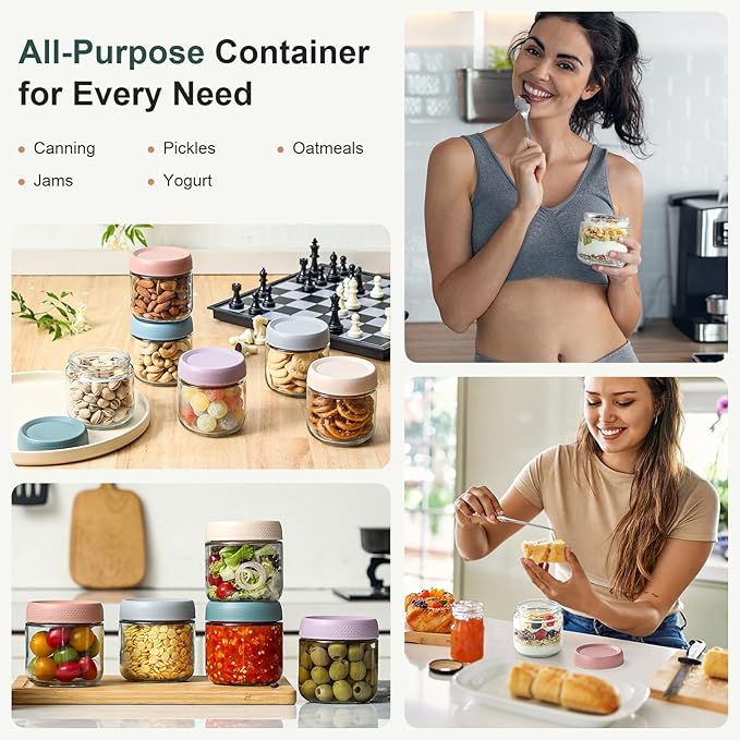 NETANY 6-pack 10oz Glass jars with Airtight Lids, Overnight Oats Containers with Lids, Wide mouth Mason Salad jars