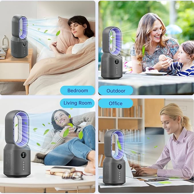Bladeless Desk Fan, 13 Inch Quiet Oscillating with 106° Rotation, Battery Operated Portable Table Fan, 3 Speeds & Night Light, LED Display, Button Control, Personal Fan for Bedroom Office Nightstand
