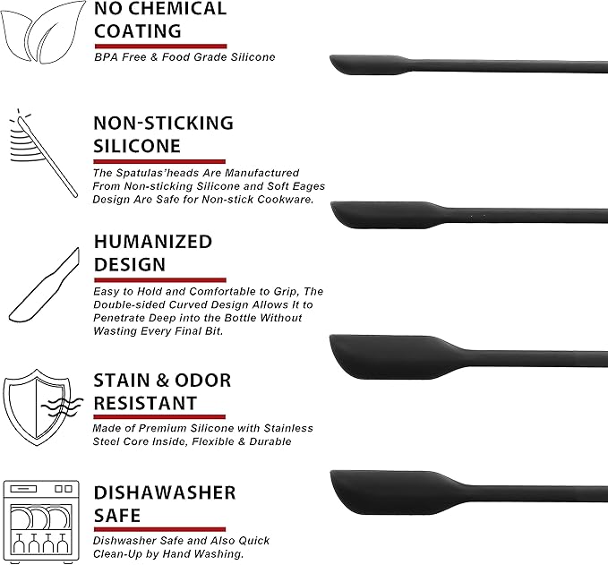 Anaeat Mini Silicone Spatulas - Set of 4 Multifunctional Small Kitchen Scraper Lotion Stirrer Tiny Makeup Beauty Spatula Reusable for Jam Jar, Cosmetic Bottles, Narrow Can and Thin Bottles (Black)