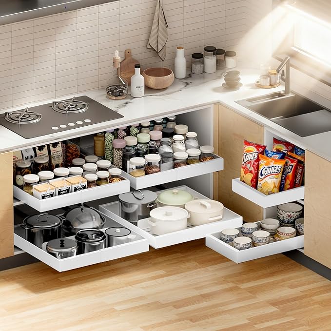 2 Pack Pull out Cabinet Organizer Expandable Width(12"-20") and 21"Depth, No Drill Adjustable Slide Out Drawers for Kitchen