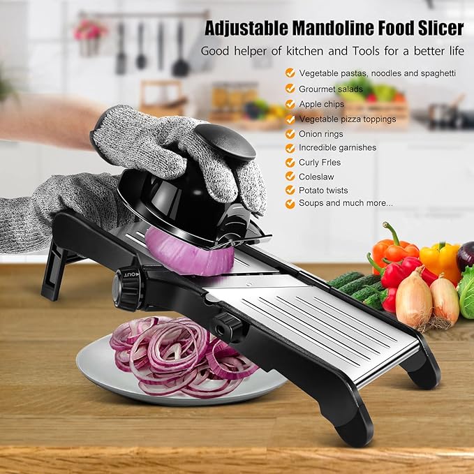 MASTERTOP Mandoline Slicer for Kitchen Adjustable Stainless Steel Food Slicer Vegetable Chopper Onion Waffle French Fry Cutter Potato Chip Julienne Slicer with Safety Gloves
