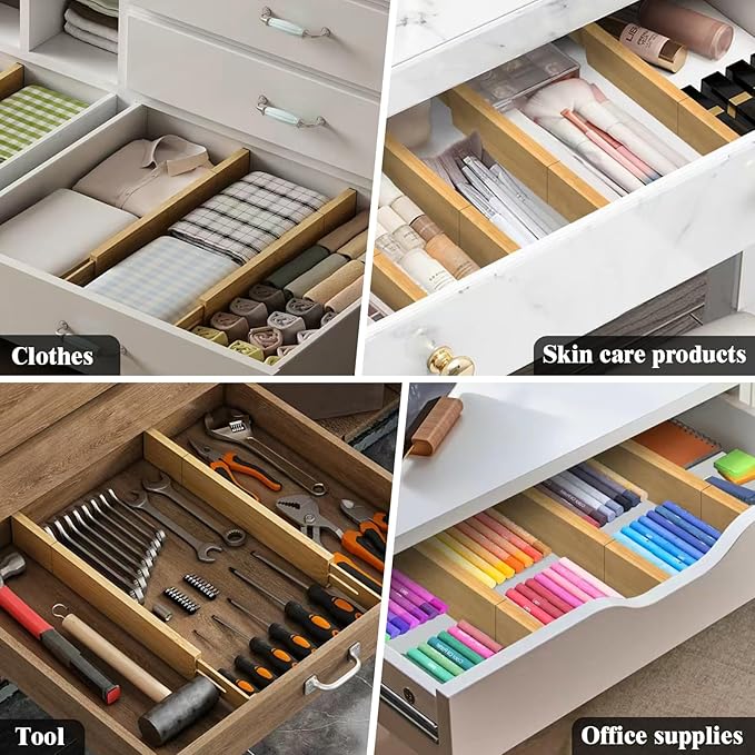 Bamboo Drawer Dividers, 12-21" Adjustable Drawer Organizers for Clothes, 4-Pack