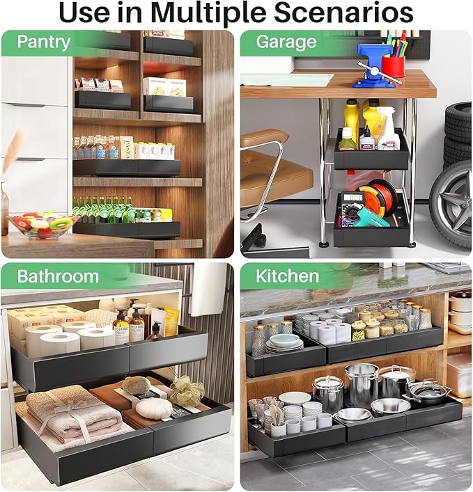 2 Pack Pull out Cabinet Organizer, Expandable(12"-20") Heavy Duty Slide out Drawer Fixed with Adhesive Nano Film for Pots, Roll out Shelf Storage for Kitchen Organization, Pantry, Bathroom(Black)