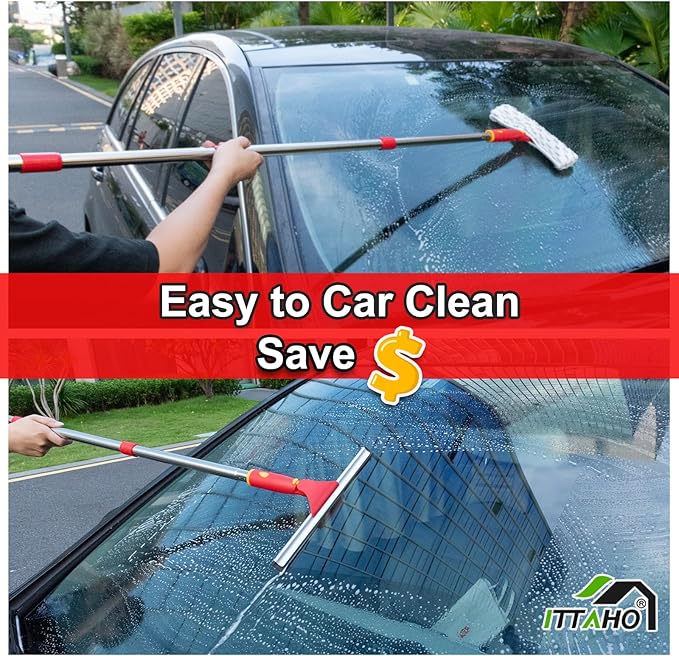 ITTAHO Squeegee for Window Cleaning, 12" Squeegee and 11" Microfiber Scrubber Combi with Stainless Steel Pole, Extendable Window Cleaner for Car