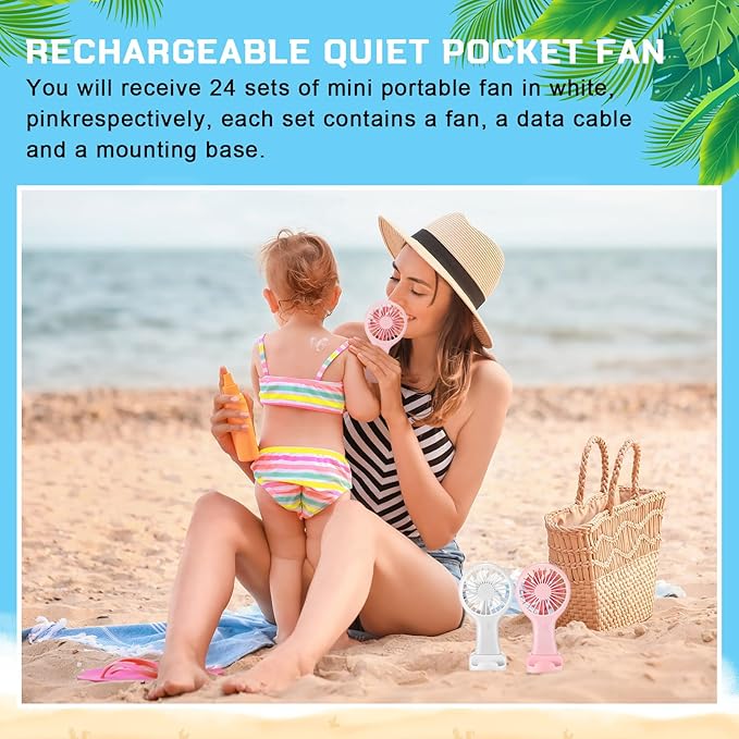 Woanger 24 Pack Mini Powerful Handheld Fan Bulk 3 Speed USB Rechargeable Small Desk Fan Summer Gift for Wedding Beach Outdoor Women Eyelash (White,Pink)