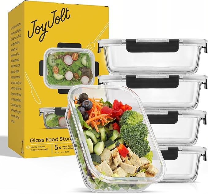 JoyJolt 5 Glass Meal Prep Containers - 35oz Airtight Set