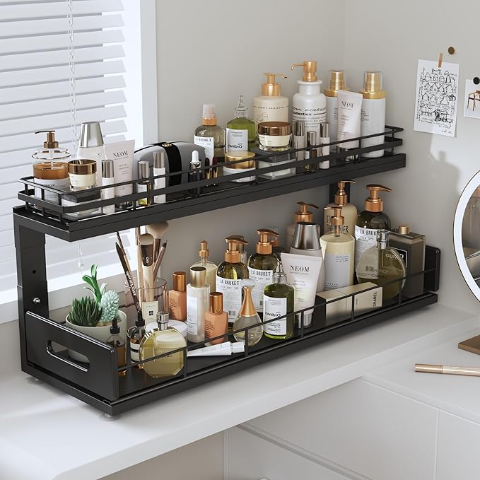 Under Sink Organizer Upgrade To Professional Rails,2-Tier Dual Pull Out Cabinet Storage,Height Adjustable Slide Out Drawers For Bathroom Kitchen