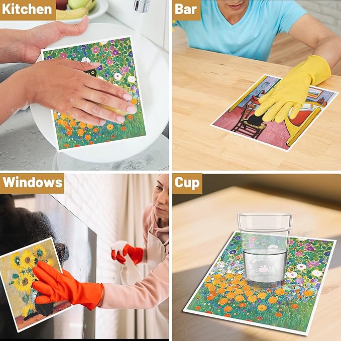 Oil Painting Swedish Dishcloths for Kitchen, 6 Pack Black Cat Wall Art Reusable Paper Towels Washable, Absorbent Dish Rags for Washing Dishes Housewarming Gifts