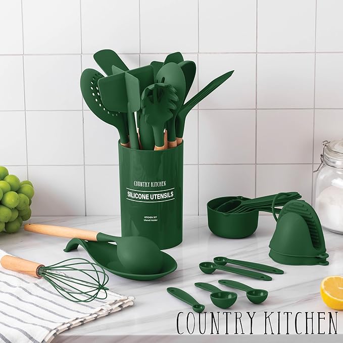 Country Kitchen Non Stick Silicone Utensil Set with Rounded Wood Handles for Cooking and Baking, 38 Piece Set, Green
