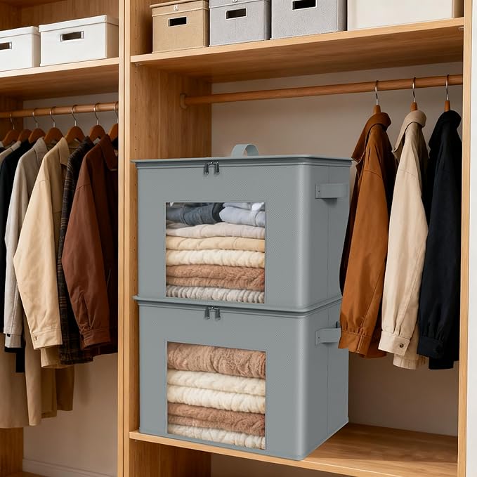 Zilink Fabric Storage Bins with Lid 4-Pack Stackable Closet Storage Bins Sweater Organizer with Zipper & Clear Window Closet Organizers and Storage Box for Home, Bedroom (Light Grey,17" x 12" x 12")
