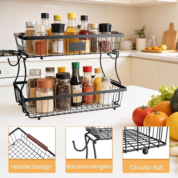 2-Tier Stackable Wire Basket with 2 Banana Hooks, Pantry Organizer for Kitchen Countertops, Cabinets & Under-Sink Spaces; Ideal for Storing Snacks, Fruits, Veggies, Onions, Potatoes, & More,Black