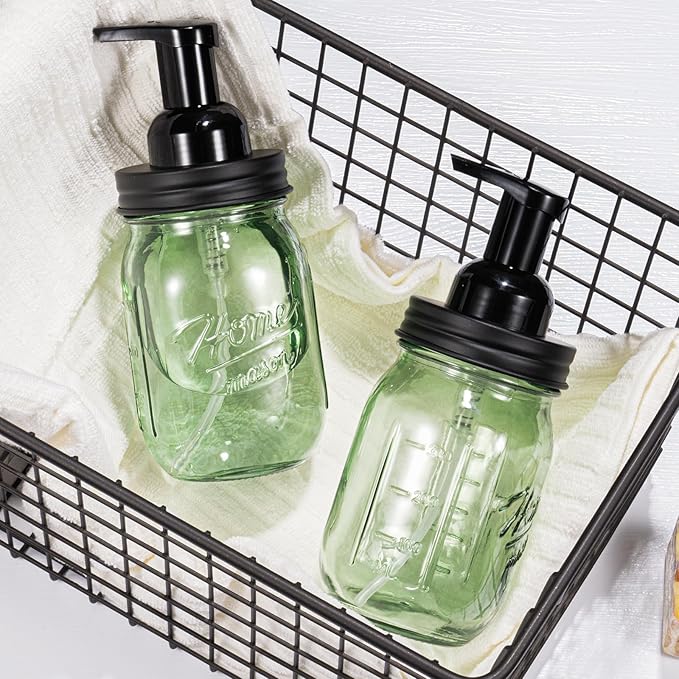 Amolliar 16OZ Green Glass Mason Jar Foaming Soap Dispenser, Plastic Pump & Stainless Steel Lid, Refillable Hand Soap Dispenser for Kitchen Bathroom, Farmhouse Decor for Foaming Dish Soap, Black 1 Pack
