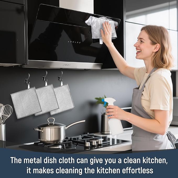 3 Layers Non Scratch Wire Dish Cleaning Supplies 12PCS - Wire Dishwashing Rag Home Essentials-Reusable Steel Wool Scrubber Washcloths,Kitchen Towels and Dishcloths Set for Pans Sinks & Cookware