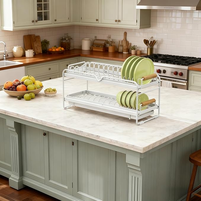 Pull-Out Double/Single Tier Dish Rack for Cupboard, Slide Out Dish Drying Rack for Kitchen Cabinets, Pull Out Drawer for Kitchen Under Sink Organizer (Single Tier Plate Rack)