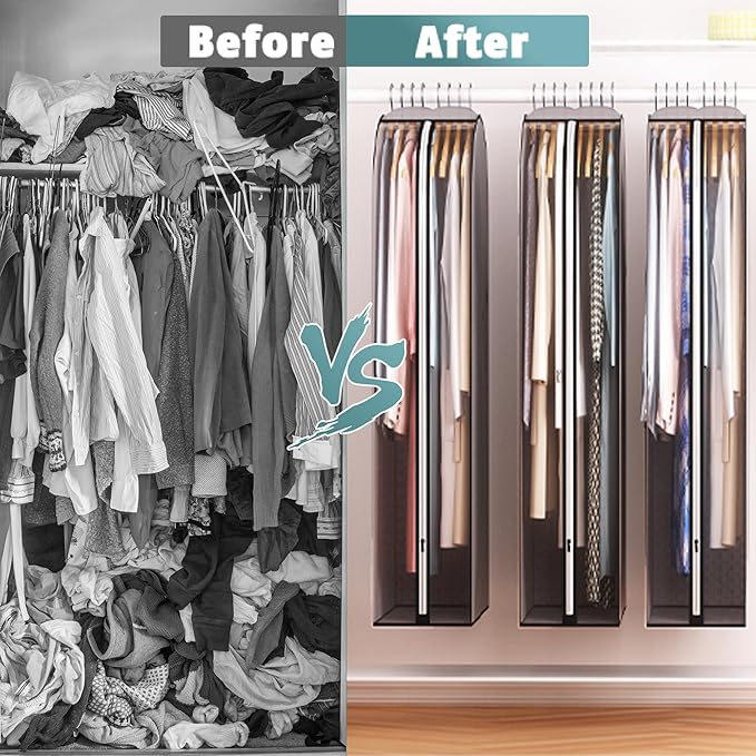 Liuoud 10" Gusseted Garment Bags for Hanging Clothes 60" Suit Bags for Open Closet Storage, Side Clear Clothing Cover for Coat, Dress, Jacket, Shirt, Fur Wardrobe Protector, 3 Packs, Grey