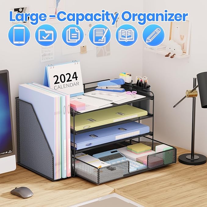 OPNICE Desk Organizer, 4-Tier Desktop File Organizer with Drawer and 2 Pen Holders, Office Desk Accessories, File Sorters