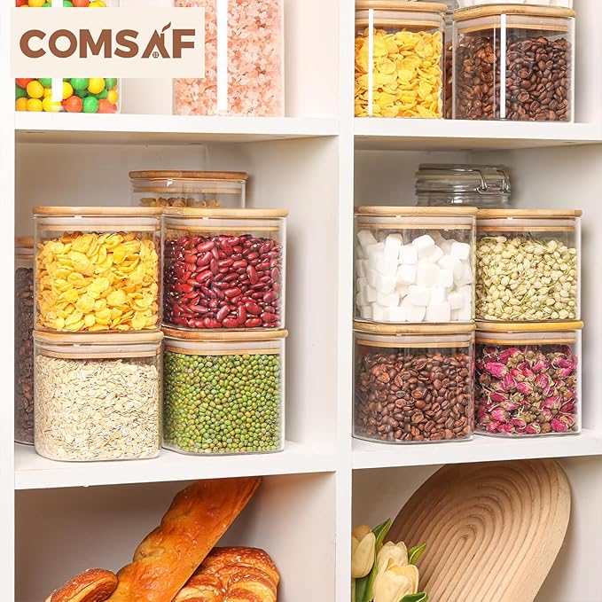 ComSaf 0.7 Qt Glass Food Storage Jars Set of 9, Clear Glass Storage Containers with Lids, Pantry Organization Jar, Spice, Blooming Tea, Oat