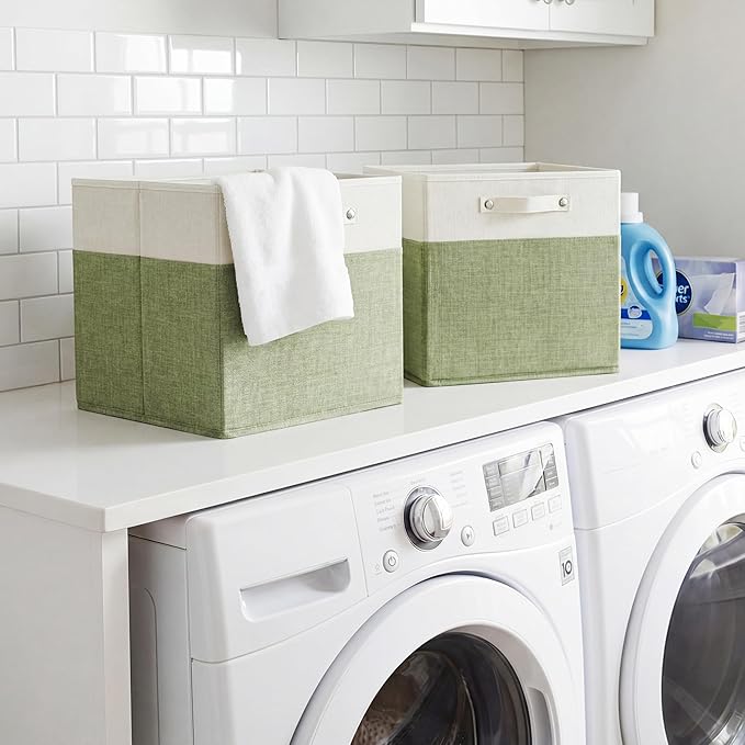 FinishingBo 13x13x13 Inches Fabric Storage Bin with Handles, Cube Storage Bins, Storage Baskets for Organizing Shelf Home Closet,4 Pack (White and Green)