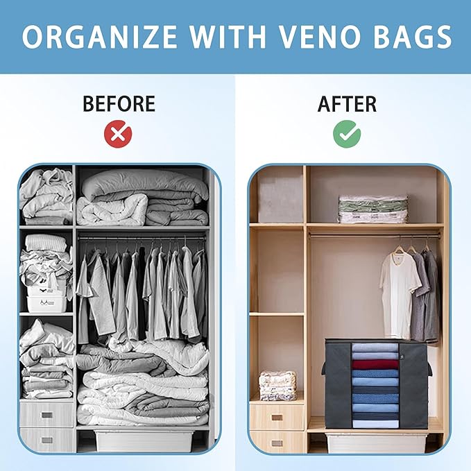 VENO 3 Pack Clothes Storage Bag Organizer with Reinforced Handle Thick Fabric for Comforters, Blankets, Bedding, Foldable with Sturdy Zipper, Clear Window, Reusable (Tall 16.3 Gallon)