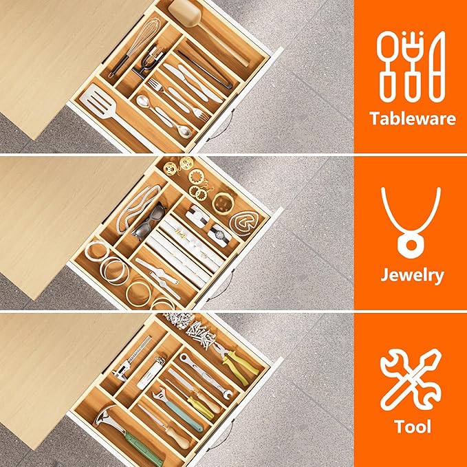 Bamboo Expandable Drawer Organizer Tray with Dividers, Adjustable Kitchen Flatware Organizers for Utensils & Silverware, 6-8 Slots Curved Groove Storage (Natural)