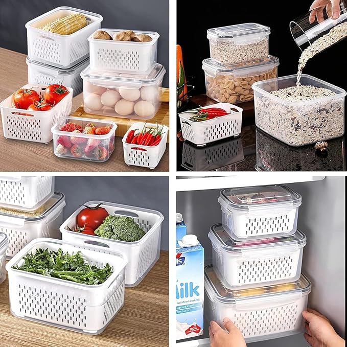Large Fridge Food Storage Container Set with Lids with Strainer, Fruit Vegetable Storage Containers Keep Fruits, Vegetables, Berry, Meat Fresh longer, BPA-Free Plastic Produce Keepers