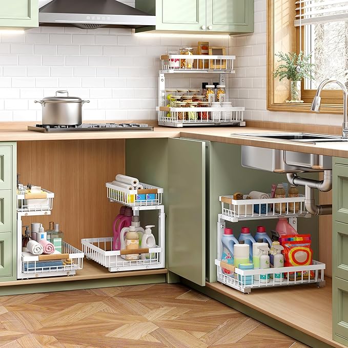 Kitstorack Under Sink Organizer, 2 Tier Under the Sink Storage, Slide out Pull out Cabinet Organizer Shelf