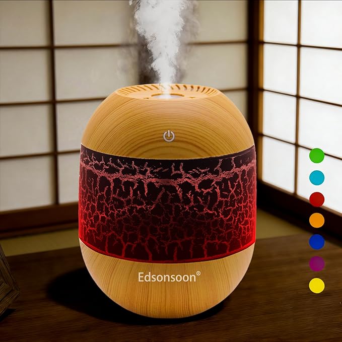 Essential Oil Diffuser for Home, Ultrasonic Aroma Diffuser with Volcano LED Light, Wood Grain Mini USB Cool Mist Humidifier, Quiet Aromatherapy for Bedroom & Office (Black)
