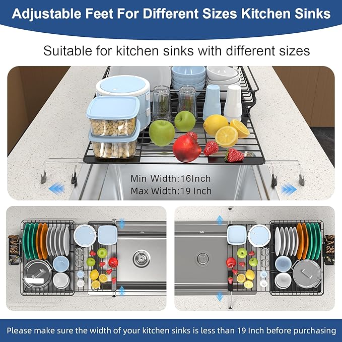 Expandable Dish Drying Rack, Rust-Proof Metal Dish Racks for Kitchen Counter with 360° Swivel Drain Spout, Space-Saving Dish Drainer with Utensil Holder for Small Apartment & Home Organization, Black