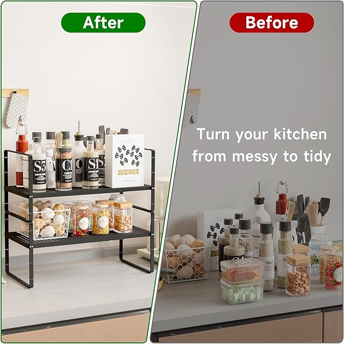 Expandable Kitchen Cabinet Shelf Organizer Rack Heavy Duty Metal Spice Rack Stackable Kitchen Counter Storage Shelf for Kitchen Cabinet Pantry Bathroom (Black - 16.5"-27" L x 10.2" W x 9.6" H - 1Pack)