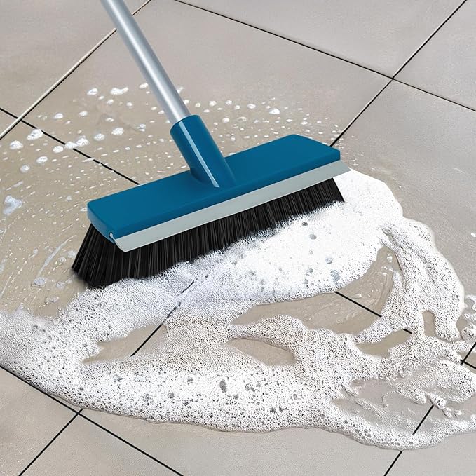 Stiff Bristle Deck Brushes for Scrubbing Heavy Duty with Rubber Scrape Squeegee, 55” Long Handle Scrub Brush for Bathroom Shower Carpet Outdoor Floor Cleaning (Head Size: 10.8”)