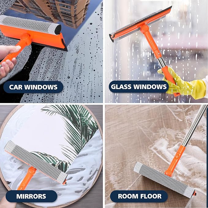 Professional Window Squeegee,2 in 1 Squeegee Window Cleaner with Long Stainless Steel Handle,Sponge Car Window Squeegee for Gas Station, Glass,Shower