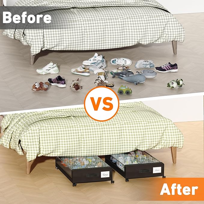 Under Bed Storage with Wheels, 4 Pack Under Bed Storage Containers with Dividers & Clear Lids, XXL 65L Under the bed storage Organizer Bins