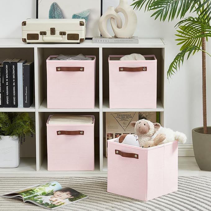Bagnizer Collapsible Fabric Storage Cube Bins with 2 Reinforced PU Handles, Foldable Storage Organizer Baskets for Closet, Shelves, Living Room | 11"x11"x11", 4 Pack, Full Pink