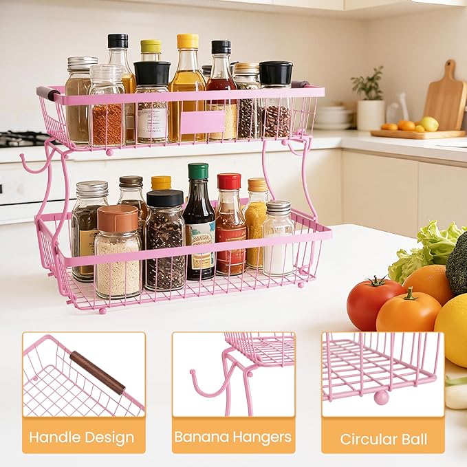 2-Tier Stackable Wire Basket with 2 Banana Hooks, Pantry Organizer for Kitchen Countertops, Cabinets & Under-Sink Spaces; Ideal for Storing Snacks, Fruits, Veggies, Onions, Potatoes, & More,Pink