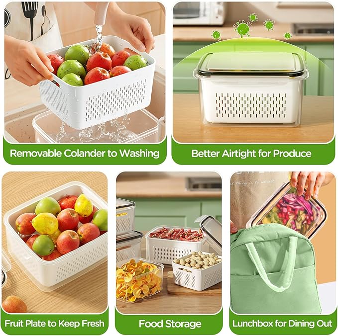 4 PCS Fruit Storage Containers for Fridge, Produce Containers for Fridge with Removable Colander, All-In-One Fruit Washing Bowl with Strainer Microwave/Dishwasher Safe for Salad Berry Lettuce Keeper