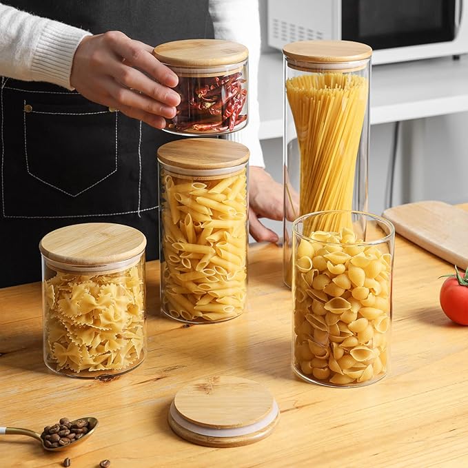 ComSaf Glass Spaghetti Pasta Storage Container with Lids 2 Qt Set of 3