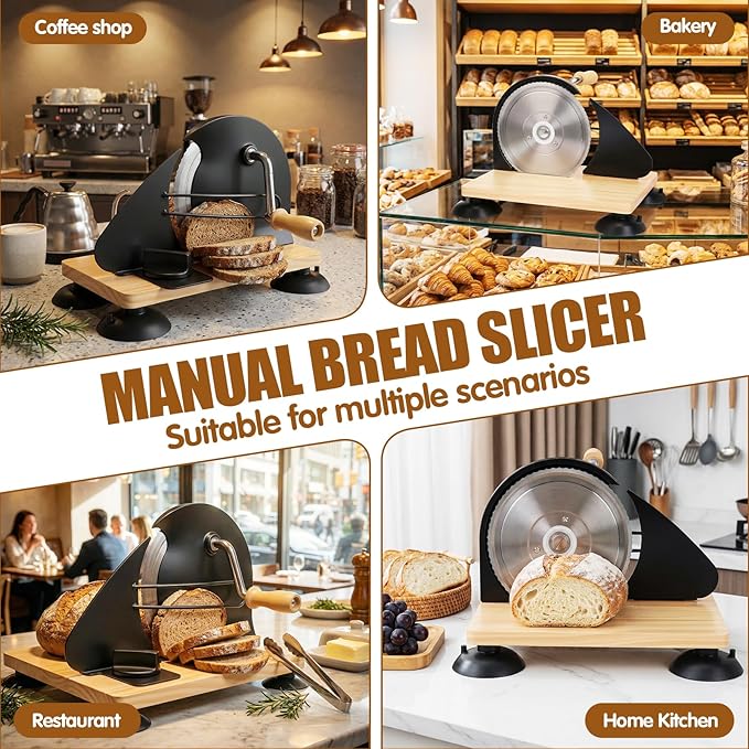 Manual Bread Slicer for Homemade Sourdough Bread, Adjustable Thickness & Evenly Slicing, Hand Crank Bread Slicer with Scale Line and Suction Cup, Serrated Blade Design, Patent Black