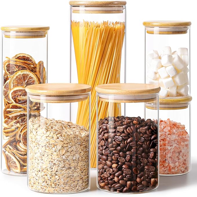 ComSaf Glass Food Storage Jars Set of 6, Clear Glass Storage Containers with Lids, Canisters Sets for the kitchen, Spaghetti, Pasta, Flour, Nuts, Oat