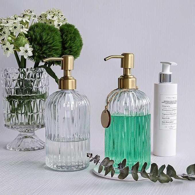 JASAI 2PACK 18Oz Fluted Glass Soap Dispenser with Golden Rust Proof Pump, Refillable Kitchen soap Dispenser with Vertical Stripe, Bathroom Soap Dispenser for Dispense Hand soap, Dish Soap, Lotion.