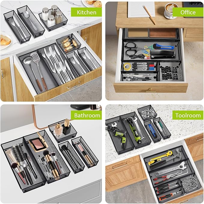 Drawer Organizer, Silverware Tray, 5 Compartment Cutlery Tray, Black Pack 5