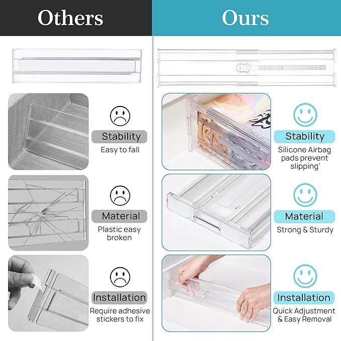 Vtopmart 4 Pack 4" Regular Upgrade Drawer Dividers for Clothes, 12.8"-22.3" Expandable Dresser Drawer Organizer, Clear Plastic Separators for Dresser, Baby Clothing, Underwear, Cosmetic, Toiletries