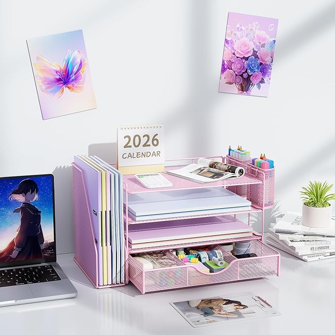 gianotter Desk Organizers and Accessories with File Holder, 4-Tier Desk Accessories & Workspace Organizers with Drawer and 2 Pen Holder