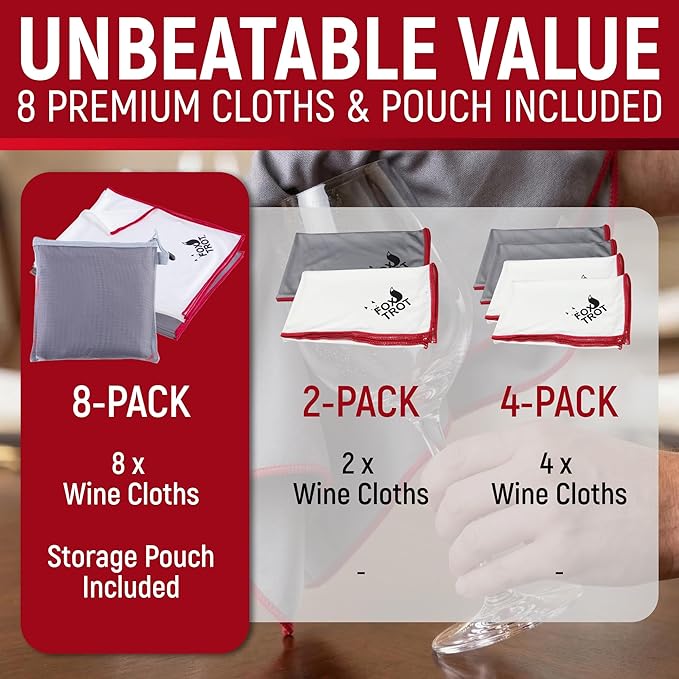 Fox Trot Wine Glass Polishing Cloths (8 Pack) with Storage Pouch | Large Microfiber Glass Drying Towel | Lint Free, Streak Free Shine for Stemware, Crystal & Glassware | 23" L x 20" W