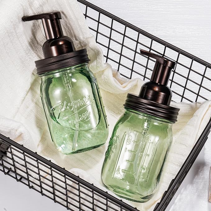 Amolliar Mason Jar Foaming Soap Dispenser, 16OZ Green Glass Hand Soap Dispenser, Plastic Pump & Stainless Steel Lid, Kitchen Dish Soap Bathroom Accessories, Farmhouse Soap Pump Bottle, Bronze 2 Pack