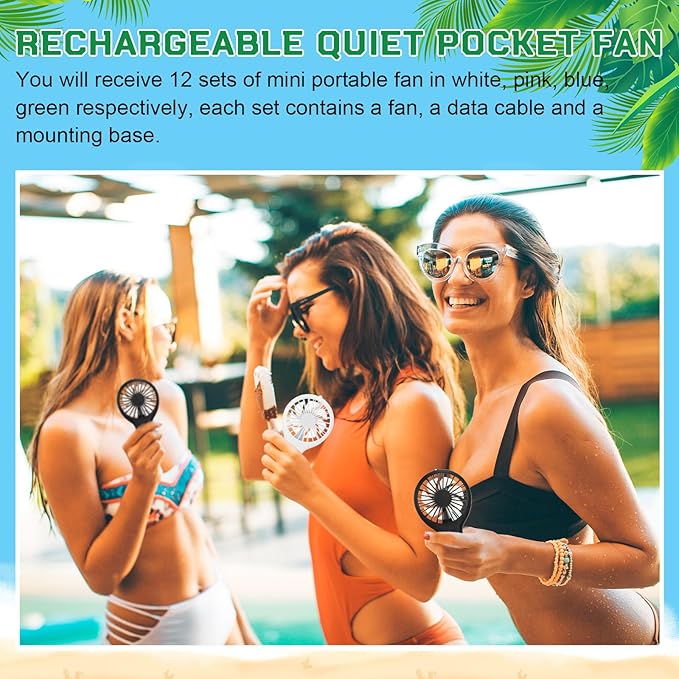 Woanger 12 Pcs Mini Handheld Fan Bulk 3 Speed USB Electric Battery Operated Small Portable Pocket Fan with Data Cable and Mounting Base Quiet Summer Gift for Wedding Camping Travel(Black and White)