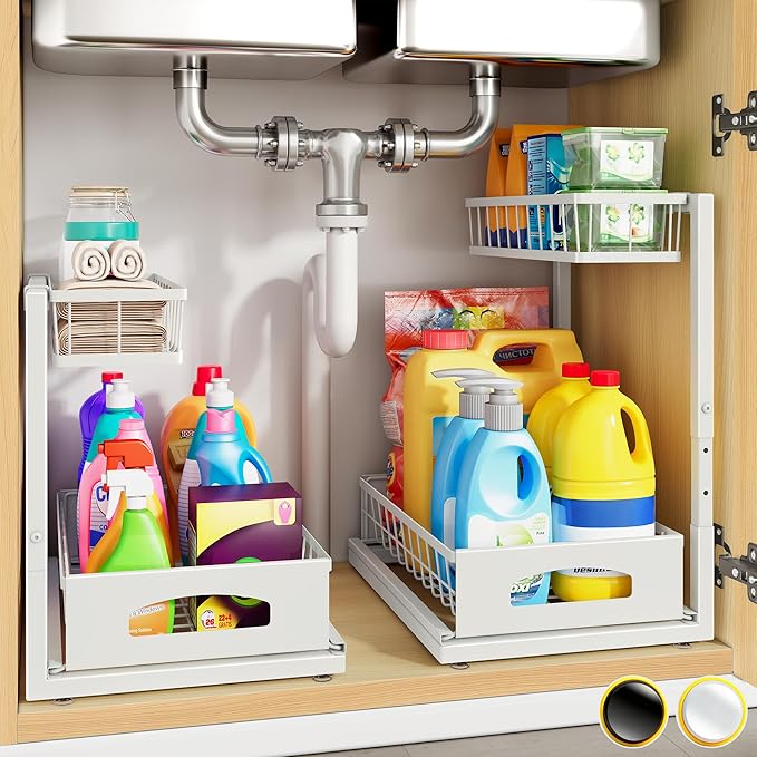 Under Sink Organizer, 2 Pack Cabinet Organizer for Kitchen, Height Adjustable Pull Out Heavy Duty 2 Tier Metal Under Sink Storage for Bathroom Pantry (White, 2 Pack)