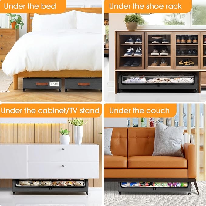 SpaceHacks Under Bed Storage with Wheels 1Pack Storage Containers with Clear Window&Label Under Bed Drawers Rolling Under Bed Storage for Clothes